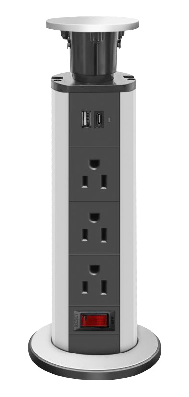 Torre Multicontacto de 3 tomas de corriente tipo Americano + 1 Puerto USB + 1 Puerto USB Tipo C de carga rápida.